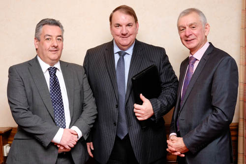 David O'Connor, President, NIGTA and Robin Irvine, CEO, NIGTA pictured with David Caffall, Chief Executive, AIC, guest speaker at the Grain Trade quarterly meeting. Photograph: Columba O'Hare